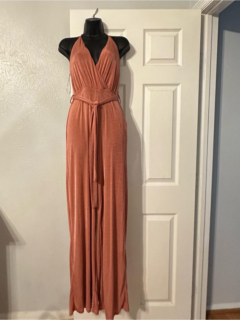 Club L London Rust Halter One Piece Jumpsuit with Self-Tie Waist